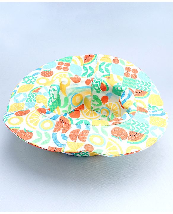 Babyhug Cotton Woven Summer Hat With Fruit Print Multicolor - Diameter 14 cm