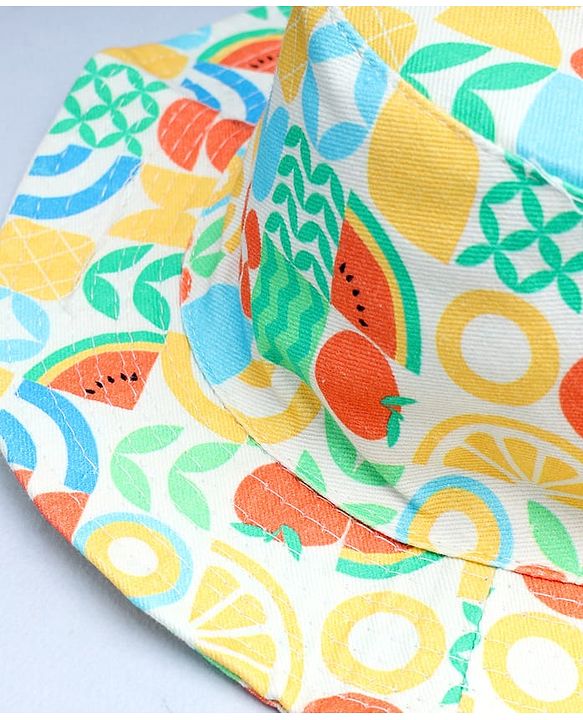 Babyhug Cotton Woven Summer Hat With Fruit Print Multicolor - Diameter 16 cm