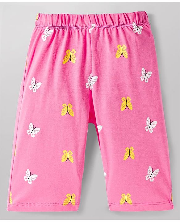 Babyhug Cotton Knit Half Sleeves T-Shirt & Capri Night Suit with Butterfly Print - Pink & Mint