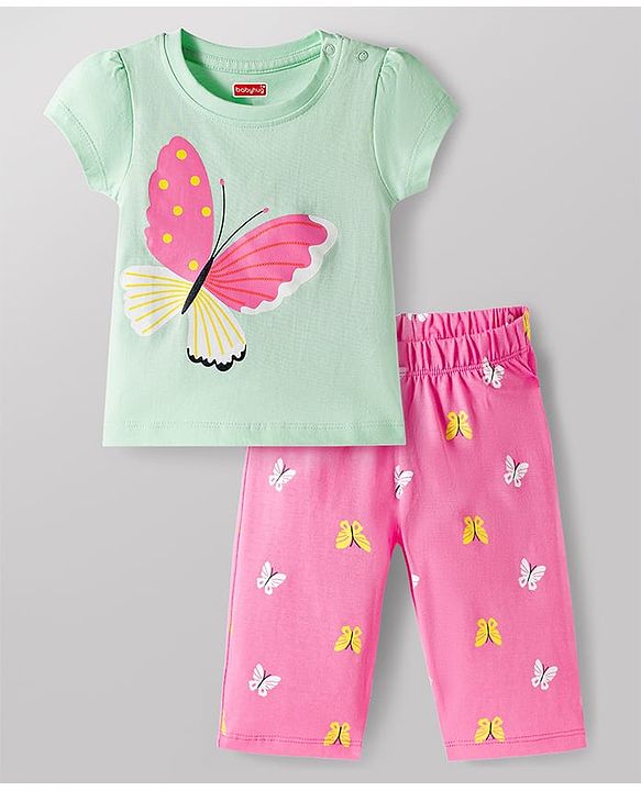 Babyhug Cotton Knit Half Sleeves T-Shirt & Capri Night Suit with Butterfly Print - Pink & Mint