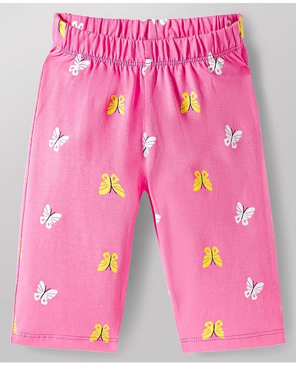 Babyhug Cotton Knit Half Sleeves T-Shirt & Capri Night Suit with Butterfly Print - Pink & Mint