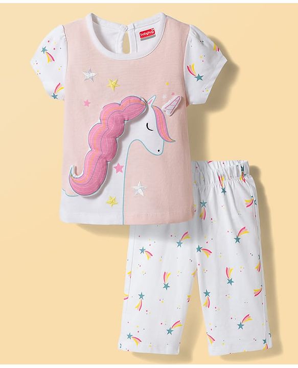 Babyhug Cotton Knit Half Sleeves T-Shirt & Capri Night Suit with Unicorn Print & Applique- Pink