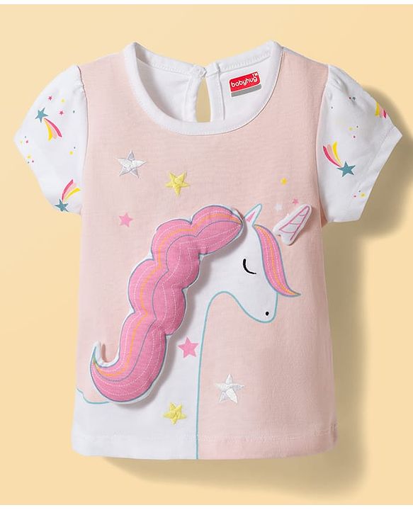 Babyhug Cotton Knit Half Sleeves T-Shirt & Capri Night Suit with Unicorn Print & Applique- Pink