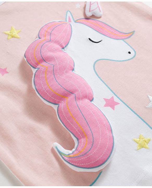 Babyhug Cotton Knit Half Sleeves T-Shirt & Capri Night Suit with Unicorn Print & Applique- Pink