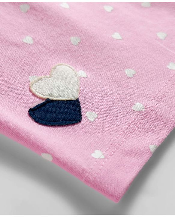 Babyhug Cotton Knit Half Sleeves Top & Capri Night Suit with Heart Print - Pink & Navy Blue