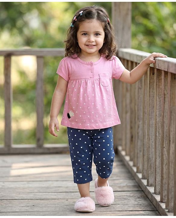 Babyhug Cotton Knit Half Sleeves Top & Capri Night Suit with Heart Print - Pink & Navy Blue