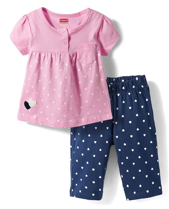 Babyhug Cotton Knit Half Sleeves Top & Capri Night Suit with Heart Print - Pink & Navy Blue