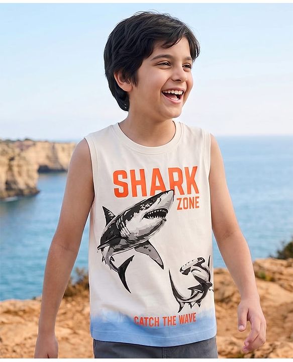 Pine Kids Cotton Knit T-Shirts Sleeveless Shark Graphic White 4-5 Years
