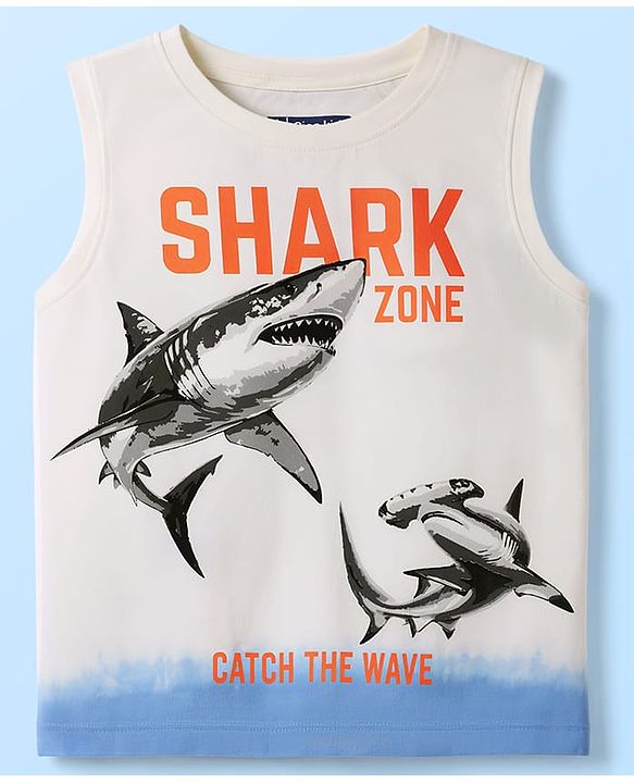 Pine Kids Cotton Knit T-Shirts Sleeveless Shark Graphic White 4-5 Years