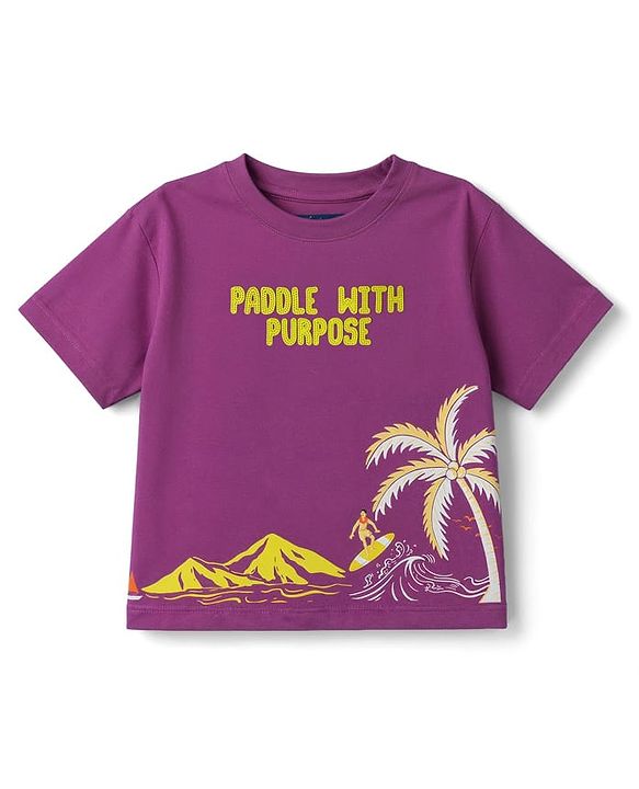 Pine Kids Cotton Knit Half Sleeves T-Shirt with Beach Print - Purple