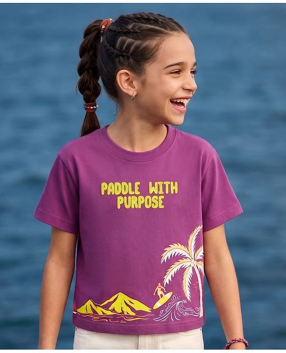 Pine Kids Cotton Knit Half Sleeves T-Shirt with Beach Print - Purple