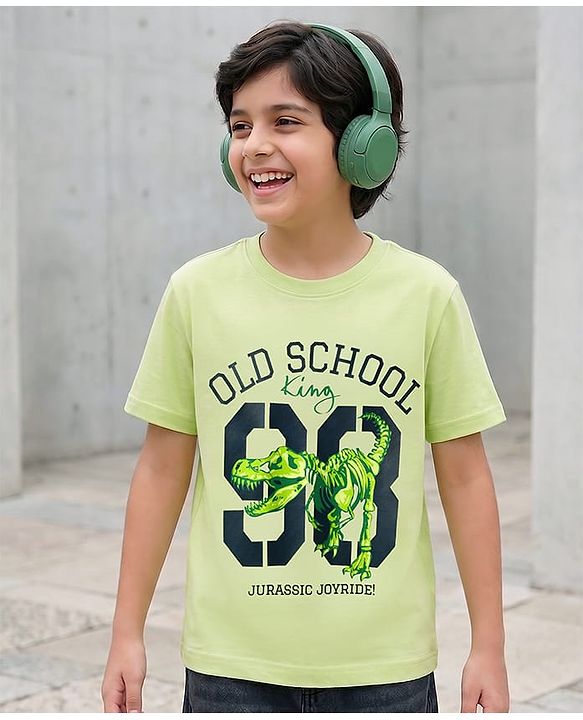 Pine Kids Cotton Knit T-Shirt with Graphic Print Round Neck Half Sleeves Limegreen 4-5 Years