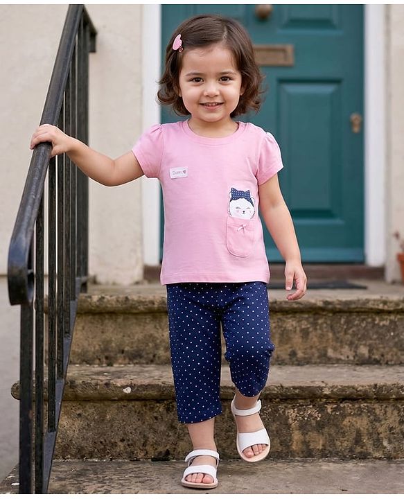 Babyhug 100% Cotton Knit Half Sleeves T-Shirt & Capri Night Suit With Kitty Print - Pink