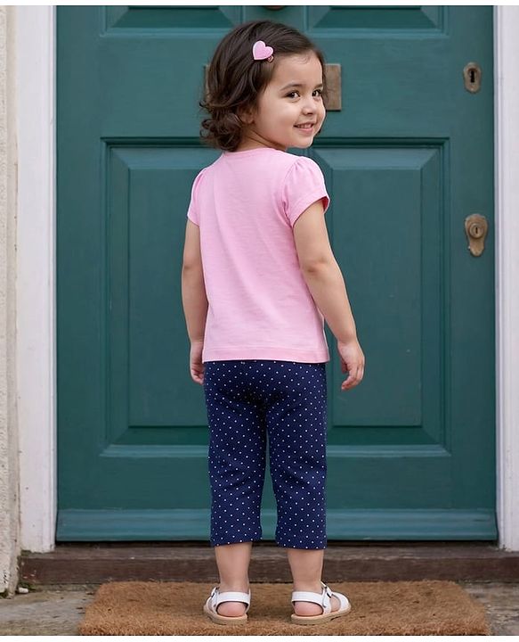 Babyhug 100% Cotton Knit Half Sleeves T-Shirt & Capri Night Suit With Kitty Print - Pink