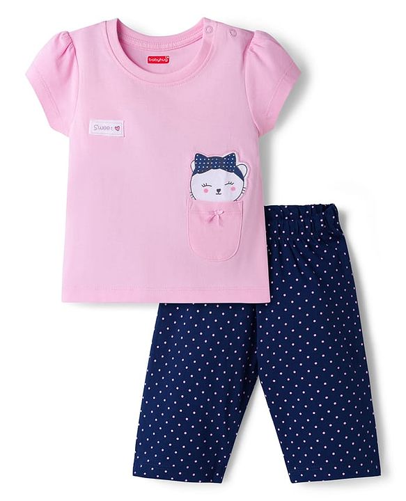Babyhug 100% Cotton Knit Half Sleeves T-Shirt & Capri Night Suit With Kitty Print - Pink