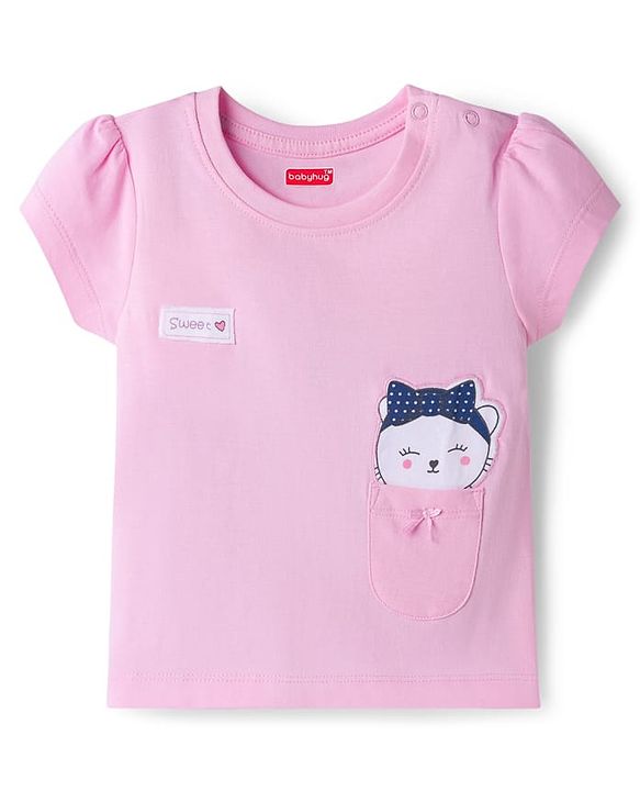 Babyhug 100% Cotton Knit Half Sleeves T-Shirt & Capri Night Suit With Kitty Print - Pink