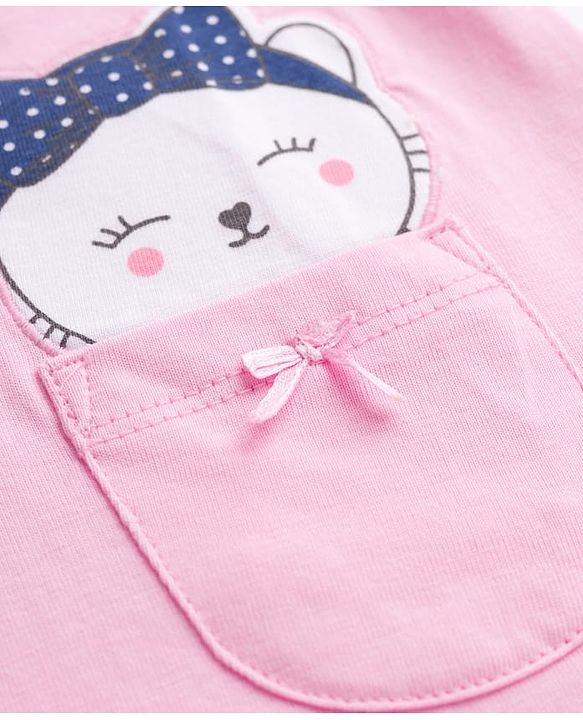 Babyhug 100% Cotton Knit Half Sleeves T-Shirt & Capri Night Suit With Kitty Print - Pink