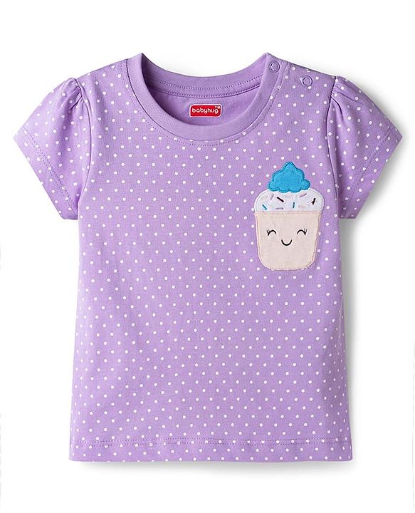 Babyhug Cotton Knit Half Sleeves Polka Dots Printed & Cupcake Embroidered T-Shirt & Capri Night Suit - Lavender