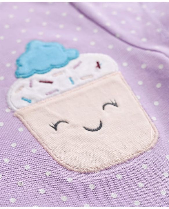 Babyhug Cotton Knit Half Sleeves Polka Dots Printed & Cupcake Embroidered T-Shirt & Capri Night Suit - Lavender