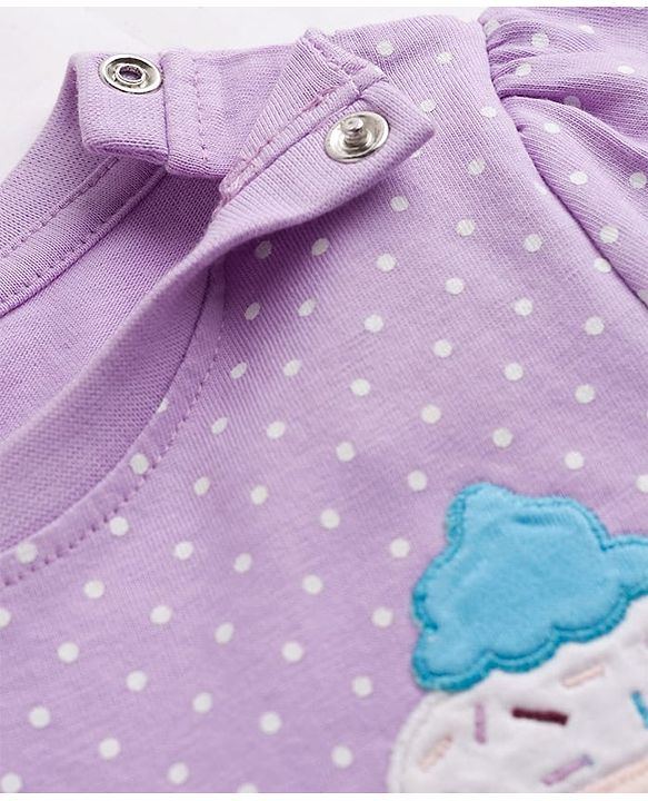 Babyhug Cotton Knit Half Sleeves Polka Dots Printed & Cupcake Embroidered T-Shirt & Capri Night Suit - Lavender