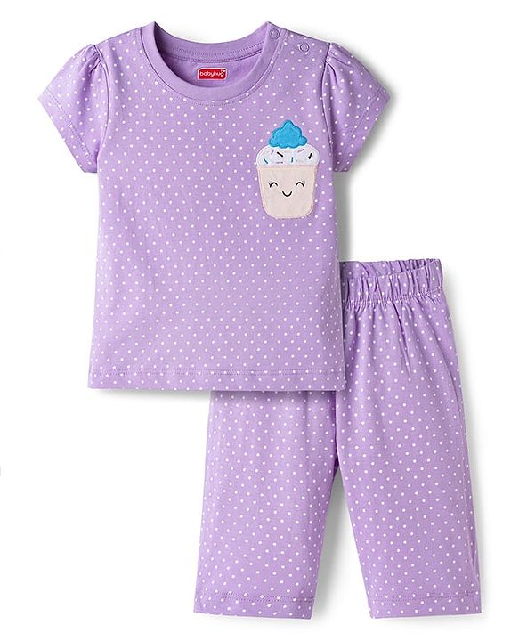 Babyhug Cotton Knit Half Sleeves Polka Dots Printed & Cupcake Embroidered T-Shirt & Capri Night Suit - Lavender