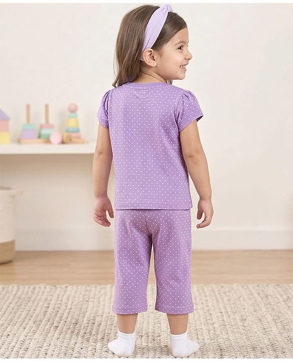 Babyhug Cotton Knit Half Sleeves Polka Dots Printed & Cupcake Embroidered T-Shirt & Capri Night Suit - Lavender