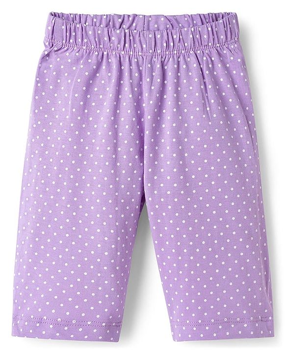 Babyhug Cotton Knit Half Sleeves Polka Dots Printed & Cupcake Embroidered T-Shirt & Capri Night Suit - Lavender