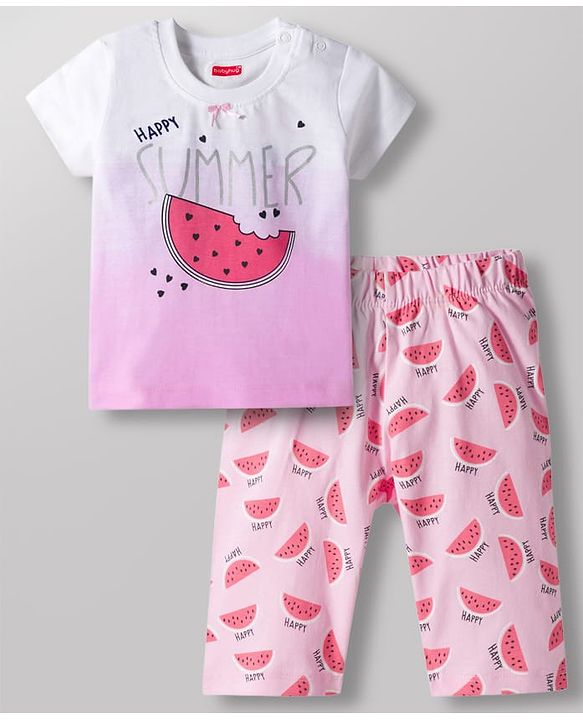 Babyhug Cotton Knit Half Sleeves T-Shirt & Capri Night Suit With Watermelon Print - Pink