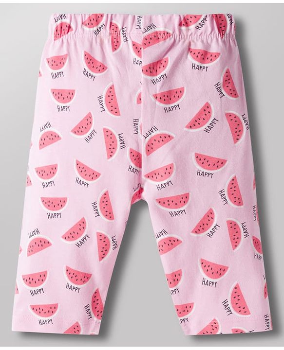 Babyhug Cotton Knit Half Sleeves T-Shirt & Capri Night Suit With Watermelon Print - Pink