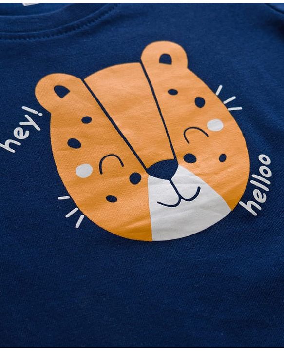 Babyhug Cotton Knit Half Sleeves Tiger Printed T-Shirt & Shorts Night Suit - Navy Blue