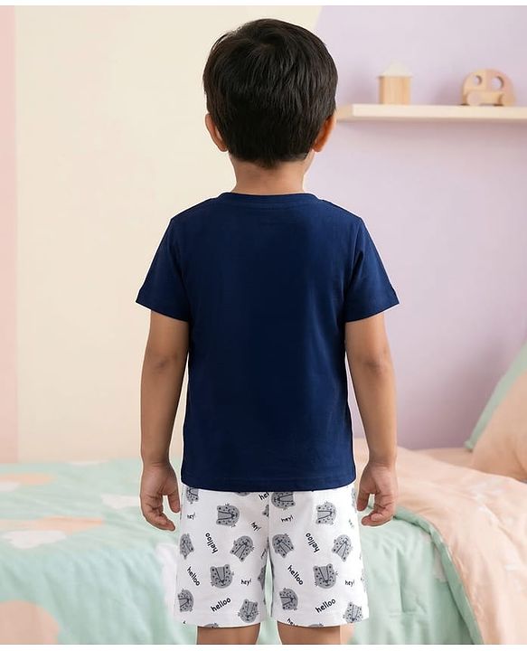 Babyhug Cotton Knit Half Sleeves Tiger Printed T-Shirt & Shorts Night Suit - Navy Blue
