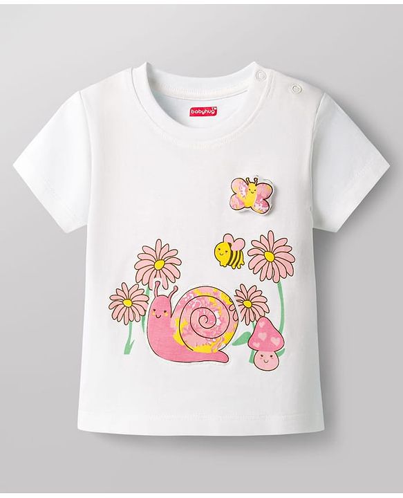 Babyhug Cotton Knit Half Sleeves T-Shirt & Shorts Night Suit with Floral & Snail Print - White