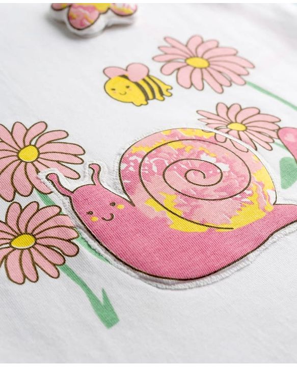 Babyhug Cotton Knit Half Sleeves T-Shirt & Shorts Night Suit with Floral & Snail Print - White