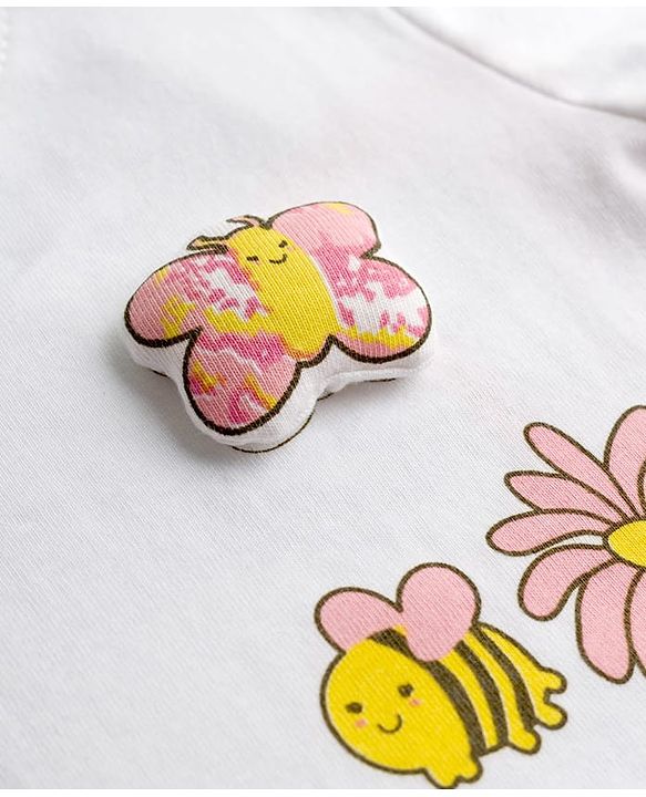 Babyhug Cotton Knit Half Sleeves T-Shirt & Shorts Night Suit with Floral & Snail Print - White