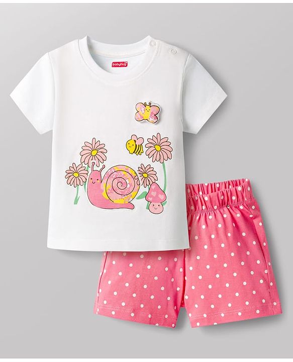 Babyhug Cotton Knit Half Sleeves T-Shirt & Shorts Night Suit with Floral & Snail Print - White