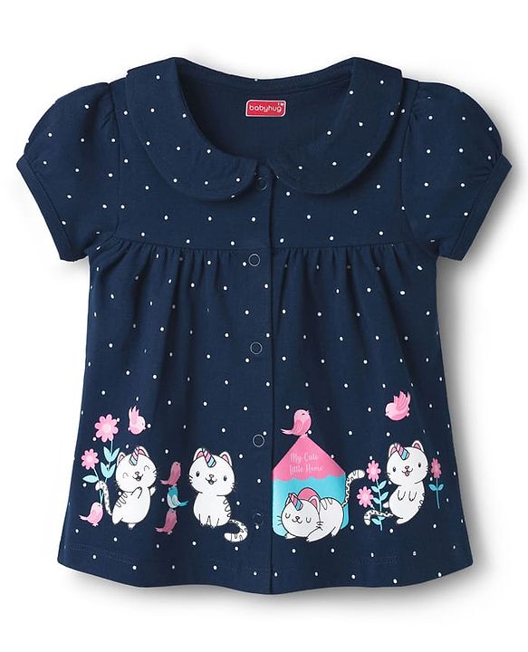 Babyhug Cotton Knit Half Sleeves Shirt & Shorts Night Suit with Cat Print - Navy Blue