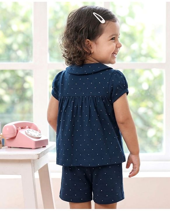 Babyhug Cotton Knit Half Sleeves Shirt & Shorts Night Suit with Cat Print - Navy Blue