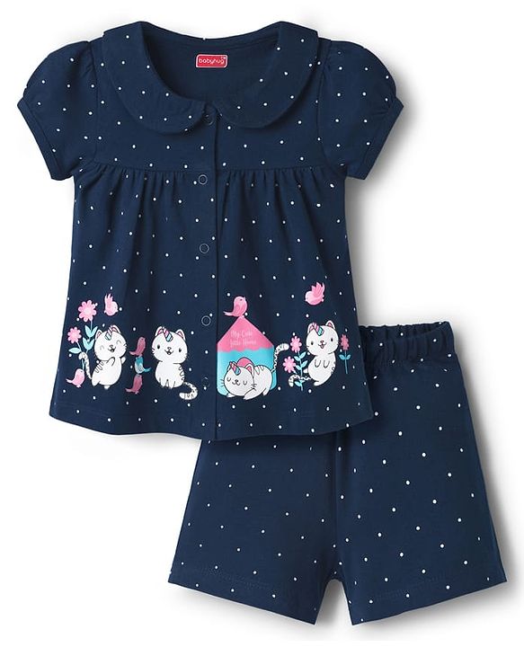 Babyhug Cotton Knit Half Sleeves Shirt & Shorts Night Suit with Cat Print - Navy Blue