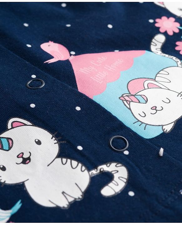 Babyhug Cotton Knit Half Sleeves Shirt & Shorts Night Suit with Cat Print - Navy Blue