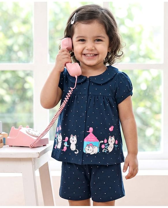 Babyhug Cotton Knit Half Sleeves Shirt & Shorts Night Suit with Cat Print - Navy Blue