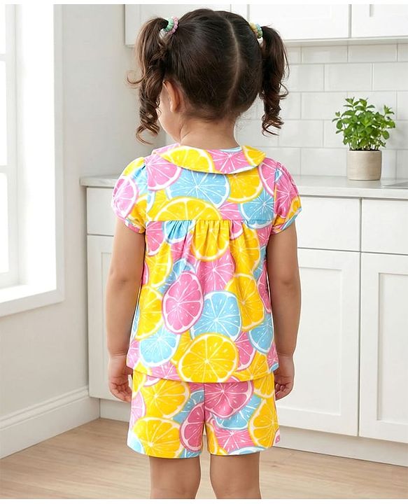 Babyhug Cotton Knit Half Sleeves Top & Shorts Co-ord Night Suit with Lime Print - Multicolor