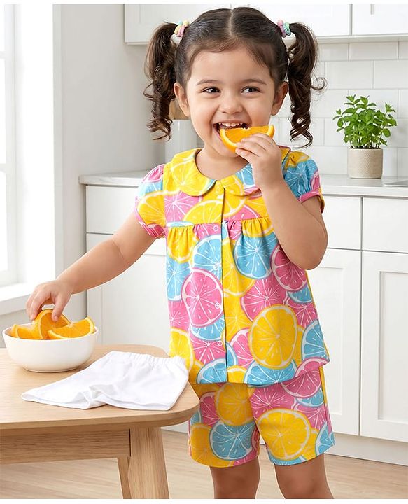 Babyhug Cotton Knit Half Sleeves Top & Shorts Co-ord Night Suit with Lime Print - Multicolor