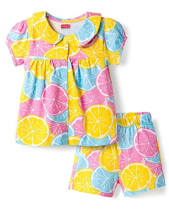 Babyhug Cotton Knit Half Sleeves Top & Shorts Co-ord Night Suit with Lime Print - Multicolor
