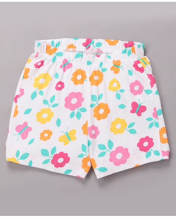 Babyhug Cotton Knit Half Sleeves Top & Shorts Co-ord Night Suit with Floral Print - Multicolor