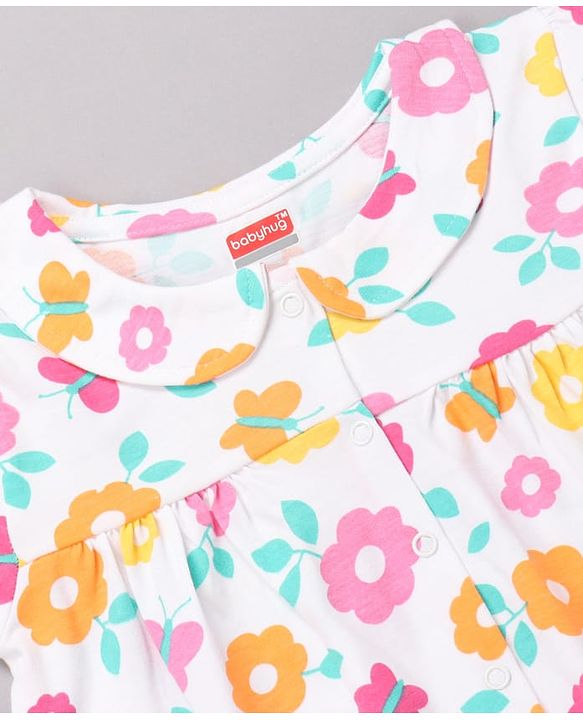 Babyhug Cotton Knit Half Sleeves Top & Shorts Co-ord Night Suit with Floral Print - Multicolor