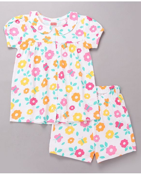 Babyhug Cotton Knit Half Sleeves Top & Shorts Co-ord Night Suit with Floral Print - Multicolor