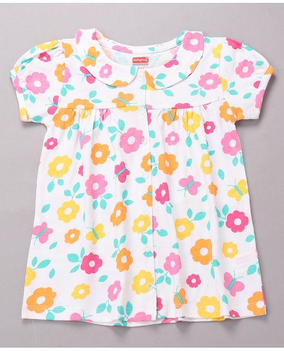 Babyhug Cotton Knit Half Sleeves Top & Shorts Co-ord Night Suit with Floral Print - Multicolor