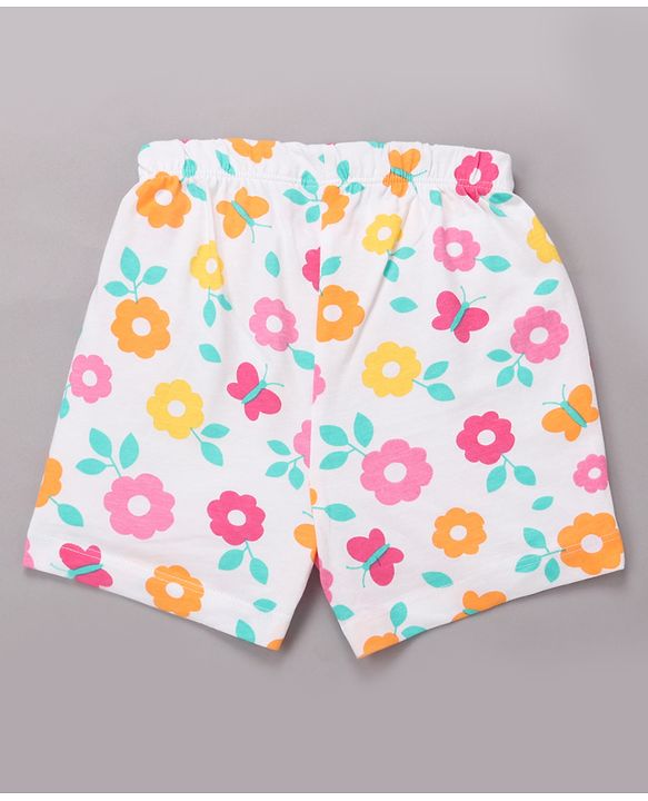Babyhug Cotton Knit Half Sleeves Top & Shorts Co-ord Night Suit with Floral Print - Multicolor