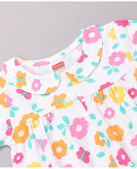 Babyhug Cotton Knit Half Sleeves Top & Shorts Co-ord Night Suit with Floral Print - Multicolor