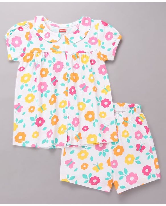 Babyhug Cotton Knit Half Sleeves Top & Shorts Co-ord Night Suit with Floral Print - Multicolor